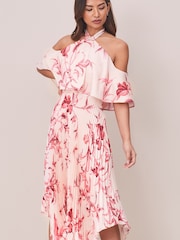 Lipsy Pink Pleated Printed Cold Shoulder Hanky Hem Midi Dress - Image 3 of 4