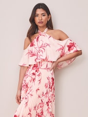 Lipsy Pink Pleated Printed Cold Shoulder Hanky Hem Midi Dress - Image 4 of 4