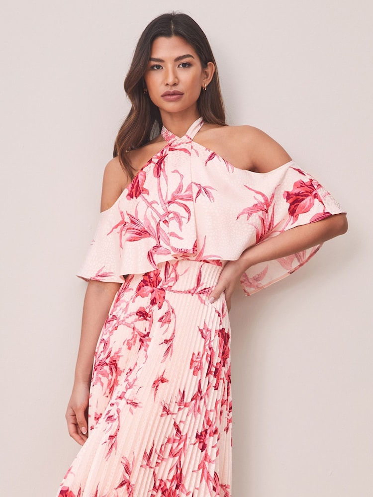 Lipsy Pink Pleated Printed Cold Shoulder Hanky Hem Midi Dress - Image 4 of 4