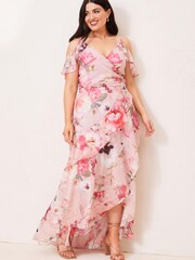 Lipsy Pink Curve Cold Shoulder Printed Wrap Maxi Dress - Image 1 of 4
