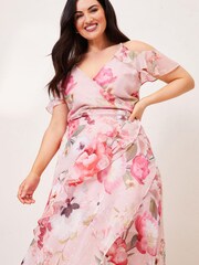 Lipsy Pink Curve Cold Shoulder Printed Wrap Maxi Dress - Image 3 of 4