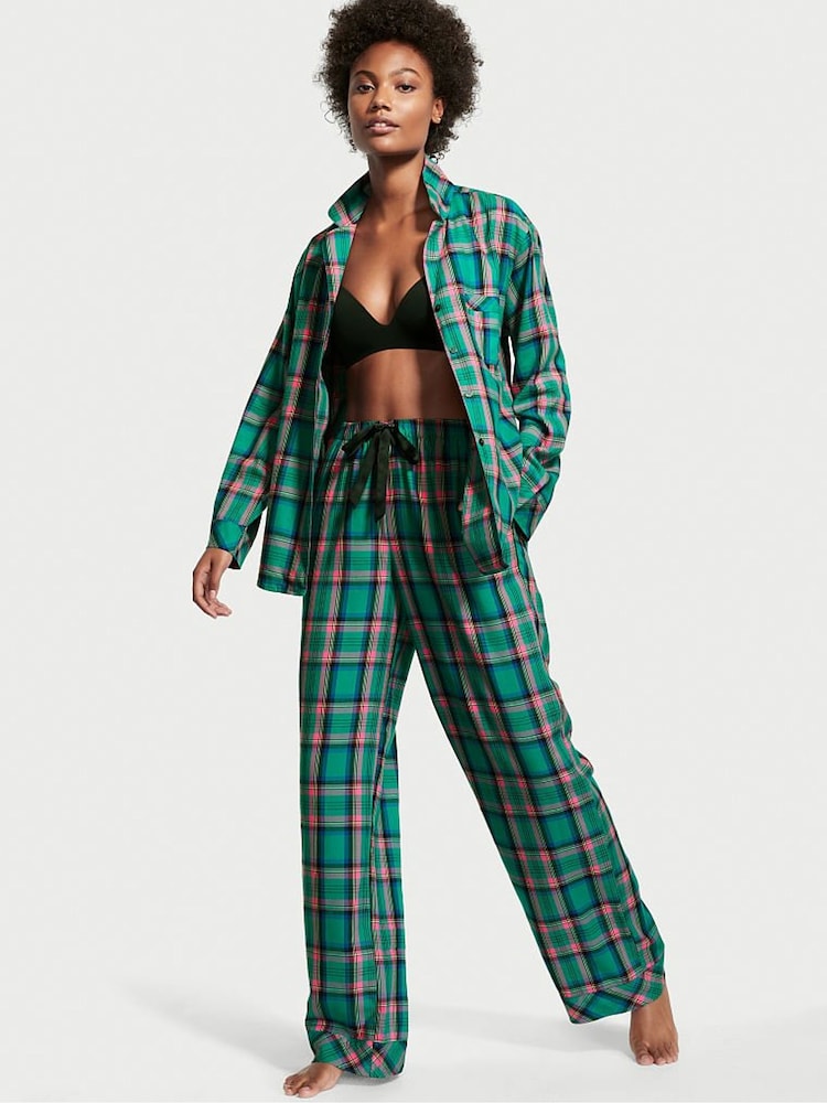 Victoria's Secret Teal Blue and Pink Shine Plaid Flannel Long Pyjamas - Image 1 of 4