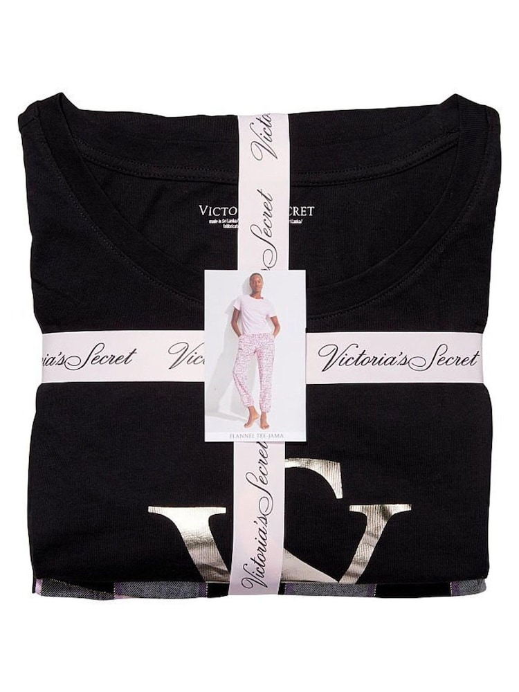 Victoria's Secret Black and White Check Plaid Short Sleeve T-Shirt Flannel Pyjamas - Image 1 of 1