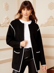 Love & Roses Black Contrast Scallop Trim Cardigan - Image 1 of 4