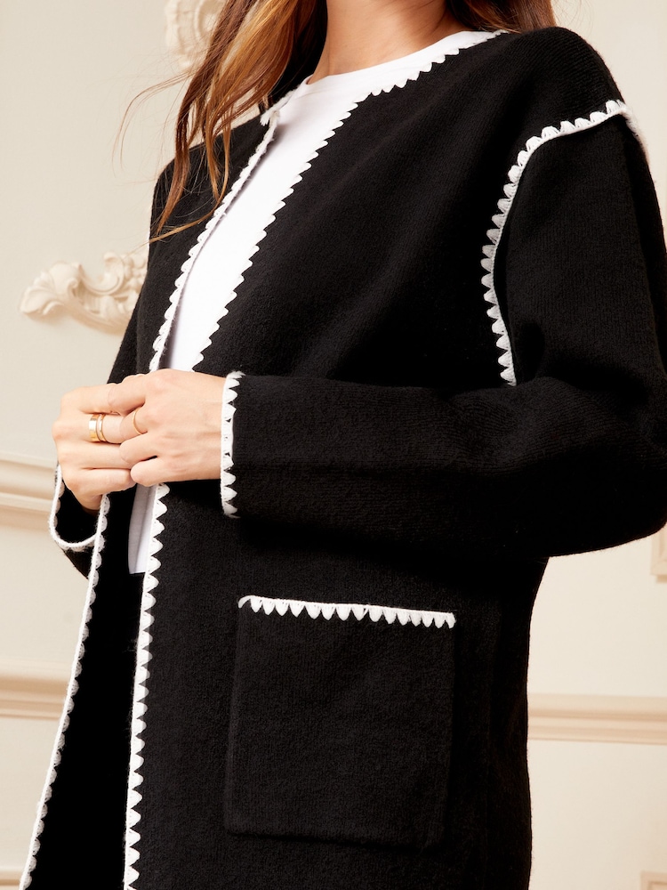 Love & Roses Black Contrast Scallop Trim Cardigan - Image 2 of 4