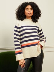 Love & Roses Oatmeal and Navy Blue Stripe Funnel Neck Jumper - Image 1 of 4