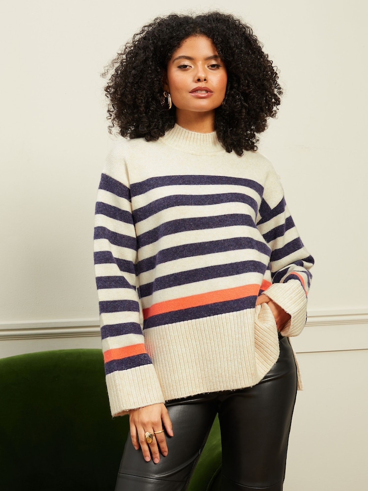 Love & Roses Oatmeal and Navy Blue Stripe Funnel Neck Jumper - Image 1 of 4