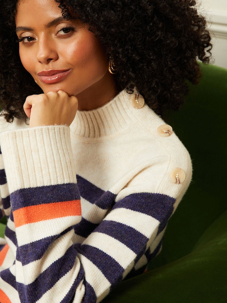 Love & Roses Oatmeal and Navy Blue Stripe Funnel Neck Jumper - Image 2 of 4