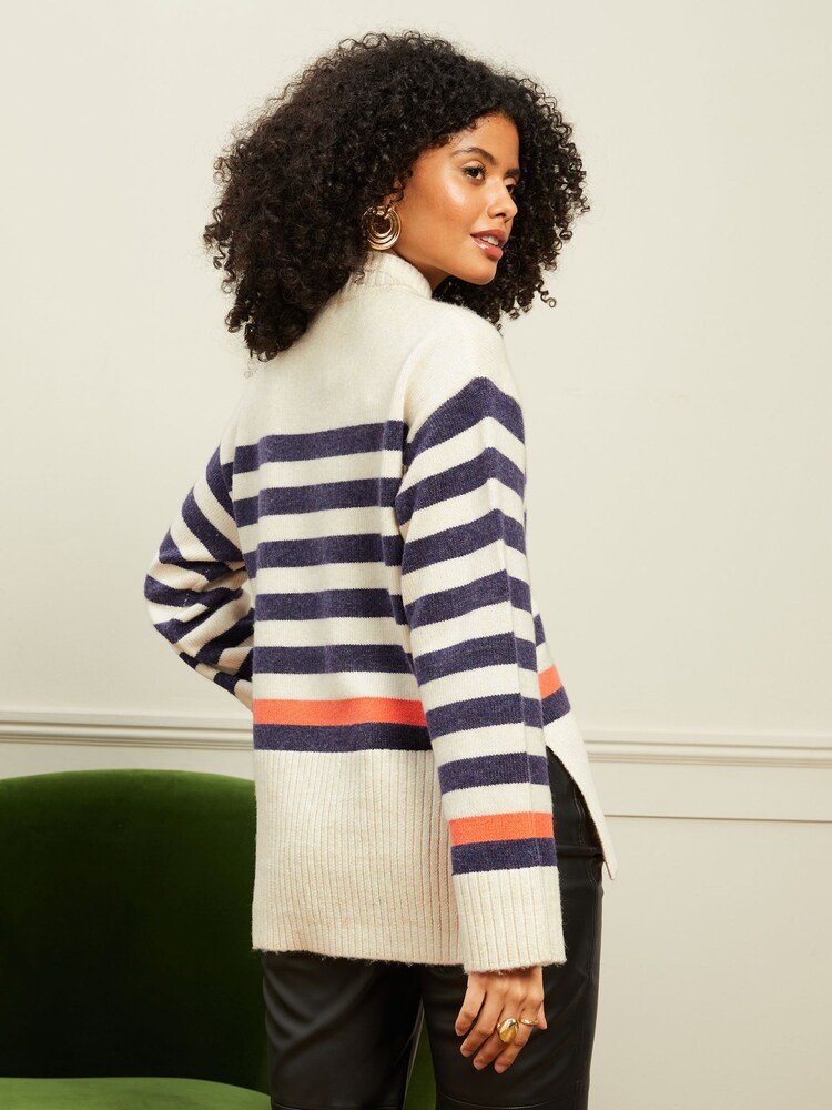 Love & Roses Oatmeal and Navy Blue Stripe Funnel Neck Jumper - Image 3 of 4