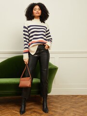 Love & Roses Oatmeal and Navy Blue Stripe Funnel Neck Jumper - Image 4 of 4