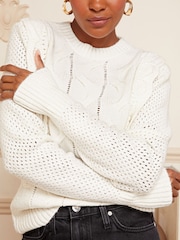 Love & Roses Ivory White Cable Knit Scallop Ruffle Jumper - Image 2 of 4