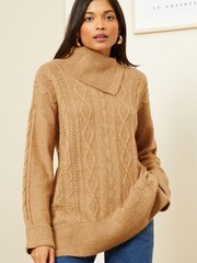 Love & Roses Camel Envelope Neck Cable Knit Jumper - Image 1 of 4