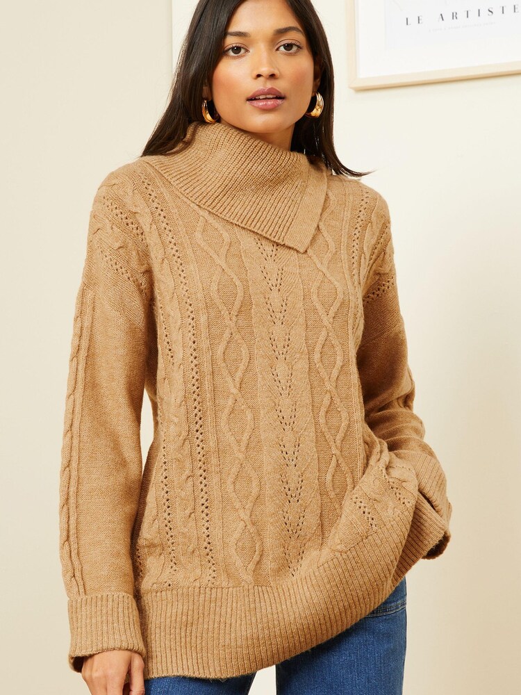 Love & Roses Camel Envelope Neck Cable Knit Jumper - Image 1 of 4