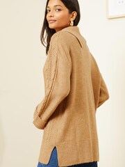 Love & Roses Camel Envelope Neck Cable Knit Jumper - Image 3 of 4