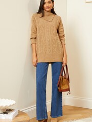 Love & Roses Camel Envelope Neck Cable Knit Jumper - Image 4 of 4