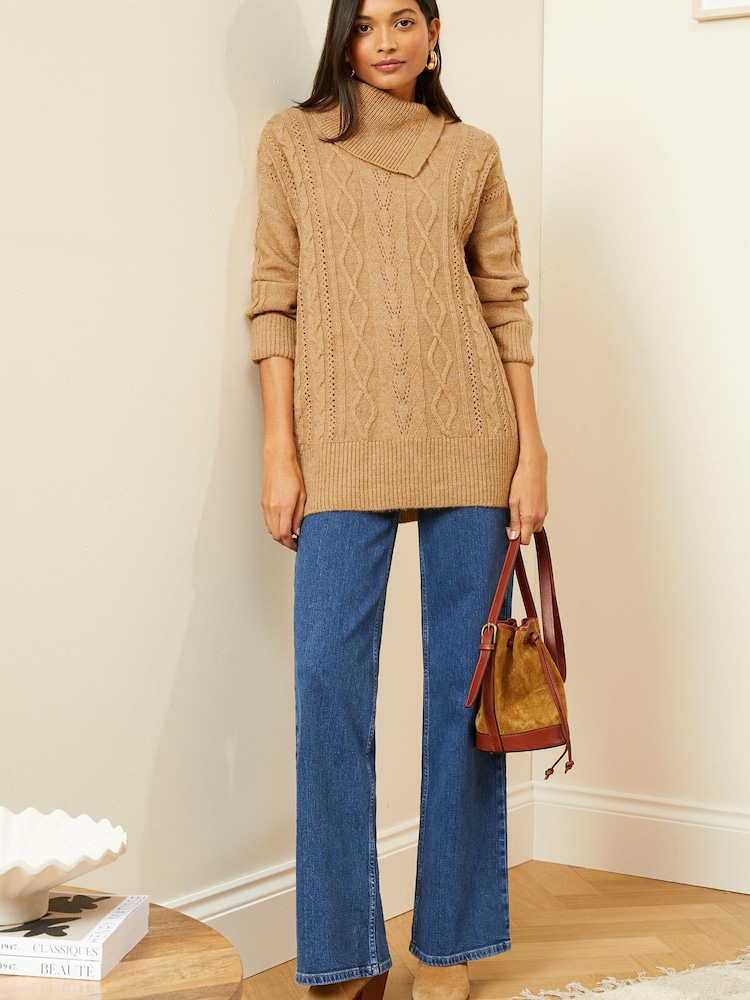 Love & Roses Camel Envelope Neck Cable Knit Jumper - Image 4 of 4