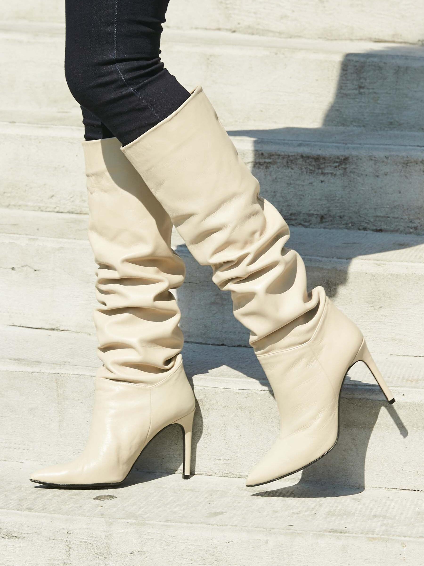 Sosandar Cream Belle Leather Slouch Stiletto Heel Knee High Boot - Image 1 of 3