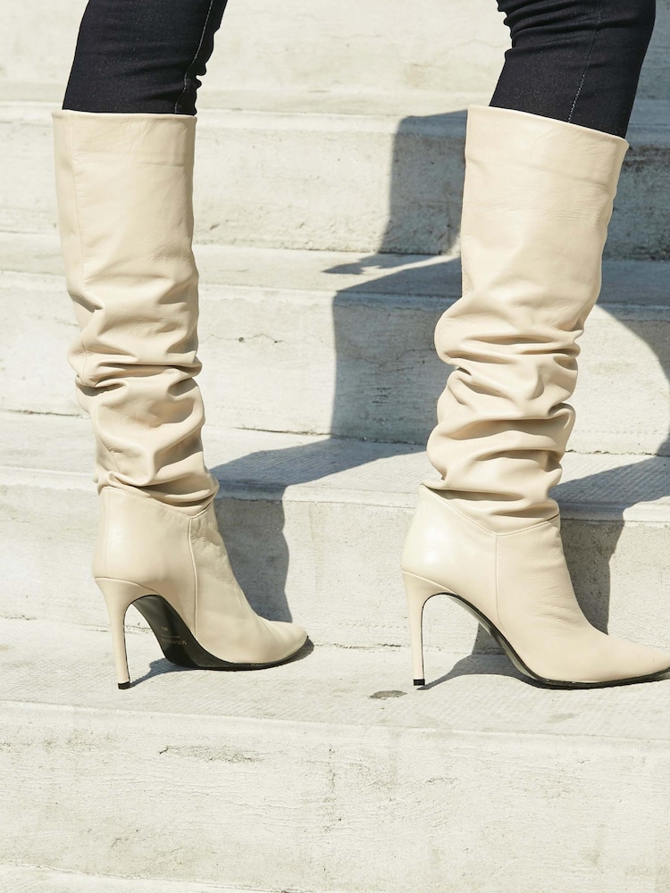 Sosandar Cream Belle Leather Slouch Stiletto Heel Knee High Boot - Image 2 of 3