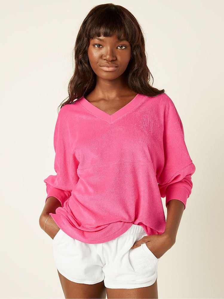 Victoria's Secret PINK Capri Pink Varsity Terry V Neck Sweatshirt - Image 1 of 5 Victoria's Secret PINK Capri Pink Varsity Terry V Neck Sweatshirt - Image 1 of 5