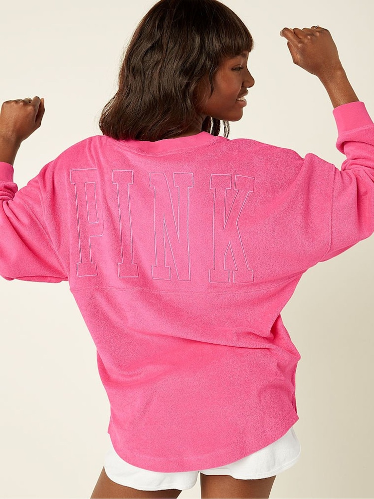 Victoria's Secret PINK Capri Pink Varsity Terry V Neck Sweatshirt - Image 2 of 5 Victoria's Secret PINK Capri Pink Varsity Terry V Neck Sweatshirt - Image 2 of 5