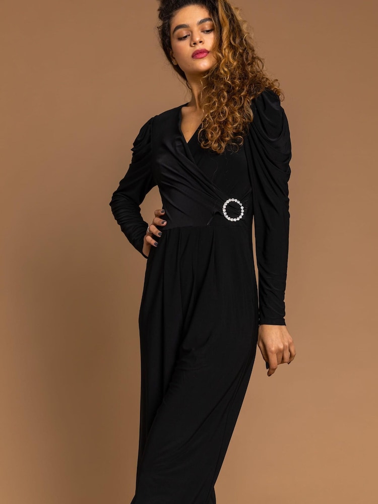 Roman Black Buckle Detail Wrap Jumpsuit - Image 1 of 5 Roman Black Buckle Detail Wrap Jumpsuit - Image 1 of 5