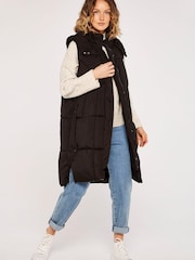 Apricot Black Button Panel Long Line Puffer Gilet - Image 1 of 1