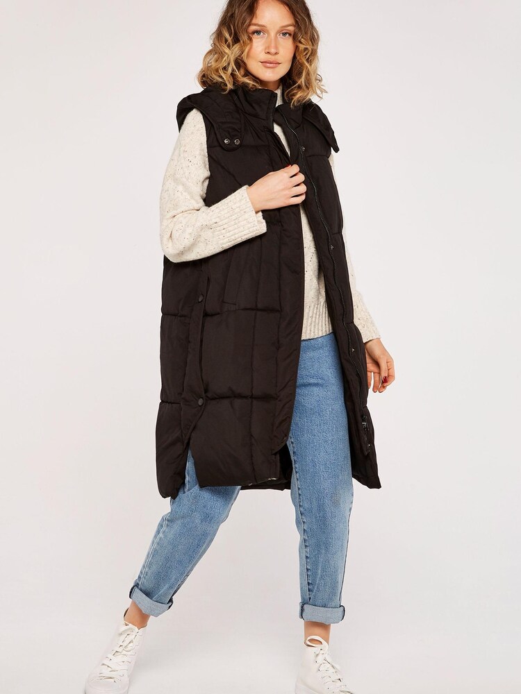 Apricot Black Button Panel Long Line Puffer Gilet - Image 1 of 1
