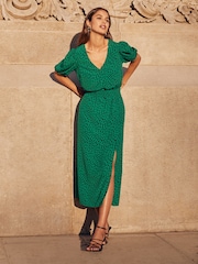 Friends Like These Green Puff Sleeve Ruched Waist V Neck Midi Dress - Image 4 of 4