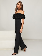 Lipsy Black Premium Feather Wide Leg Belted Jumpsuit - Image 3 of 4