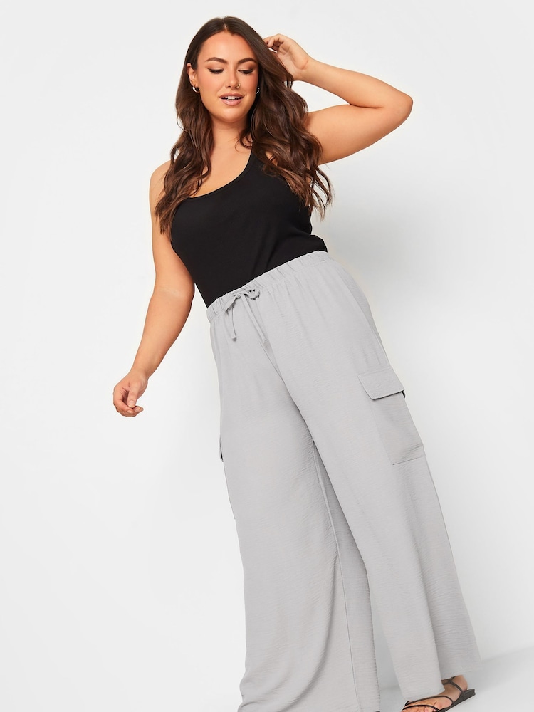 Yours Curve Grey Wide Leg Crepe Cargo Trouser - Image 2 of 4