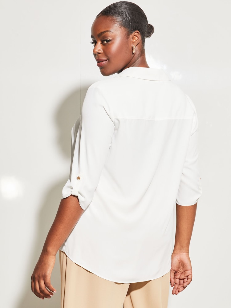 Lipsy White Curve Curve V Neck 3/4 Sleeve Collared Blouse - Image 2 of 4