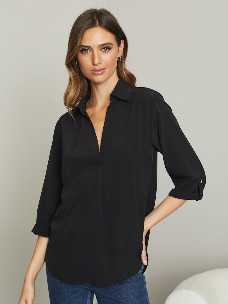 Lipsy Black Petite Petite V Neck 3/4 Sleeve Collared Blouse - Image 1 of 4 Lipsy Black Petite Petite V Neck 3/4 Sleeve Collared Blouse - Image 1 of 4