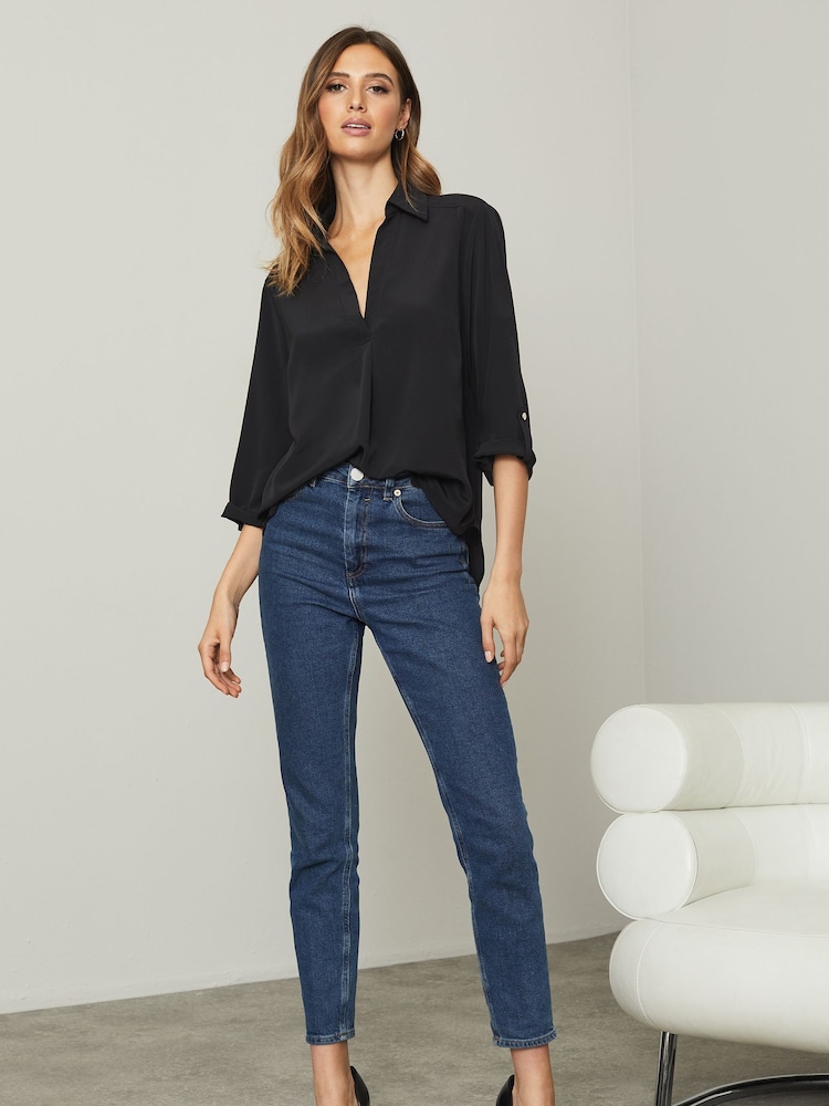 Lipsy Black Petite Petite V Neck 3/4 Sleeve Collared Blouse - Image 2 of 4 Lipsy Black Petite Petite V Neck 3/4 Sleeve Collared Blouse - Image 2 of 4