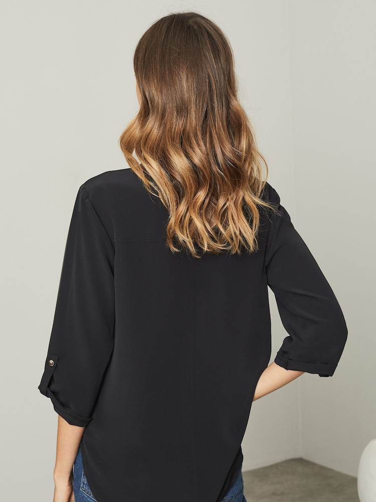 Lipsy Black Petite Petite V Neck 3/4 Sleeve Collared Blouse - Image 4 of 4 Lipsy Black Petite Petite V Neck 3/4 Sleeve Collared Blouse - Image 4 of 4