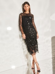 Lipsy Black Premium Long Sleeve Sequin Feather Dress - Image 1 of 4