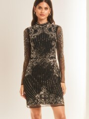 Lipsy Black Premium Long Sleeve Hand Embellished Beaded Mini Shift Dress - Image 1 of 4