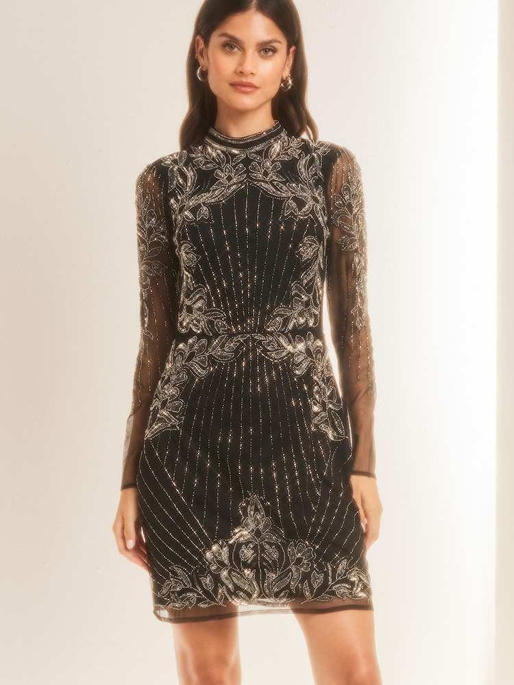 Lipsy Black Premium Long Sleeve Hand Embellished Beaded Mini Shift Dress - Image 1 of 4