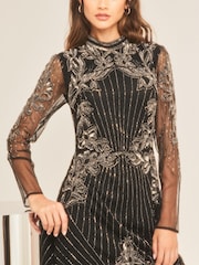 Lipsy Black Premium Long Sleeve Hand Embellished Beaded Mini Shift Dress - Image 4 of 4