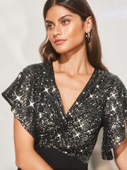 Lipsy Black Petite Sequin Flutter Sleeve Wide Leg Jumpsuit - Image 4 of 4