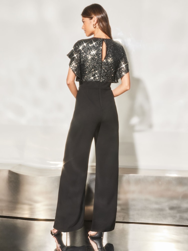 Lipsy Black Sequin Flutter Sleeve Wide Leg Jumpsuit - Image 2 of 4