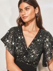 Lipsy Black Sequin Flutter Sleeve Wide Leg Jumpsuit - Image 3 of 4