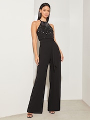 Lipsy Black Sequin Embellished Halter Wide Leg Jumpsuit - Image 1 of 4