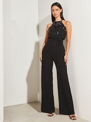Lipsy Black Sequin Embellished Halter Wide Leg Jumpsuit - Image 3 of 4