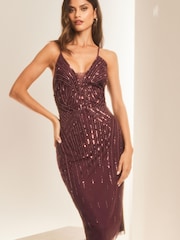 Lipsy Berry Red Hand Embellished Sequin Cami Midi Dress - Image 3 of 4