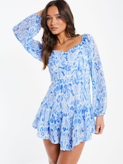 Quiz Blue Smudge Print Skater Dress - Image 1 of 5