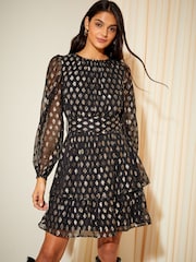 Friends Like These Black Foil Chiffon Tiered Belted Long Sleeve Mini Dress - Image 1 of 4