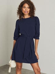 Lipsy Navy Petite Long Sleeve Round Neck Tie Waist Shift Dress - Image 1 of 4