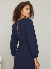 Lipsy Navy Petite Long Sleeve Round Neck Tie Waist Shift Dress - Image 2 of 4