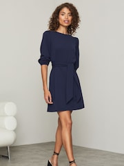 Lipsy Navy Petite Long Sleeve Round Neck Tie Waist Shift Dress - Image 3 of 4