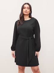 Lipsy Black Curve Long Sleeve Round Neck Tie Waist Shift Dress - Image 1 of 4